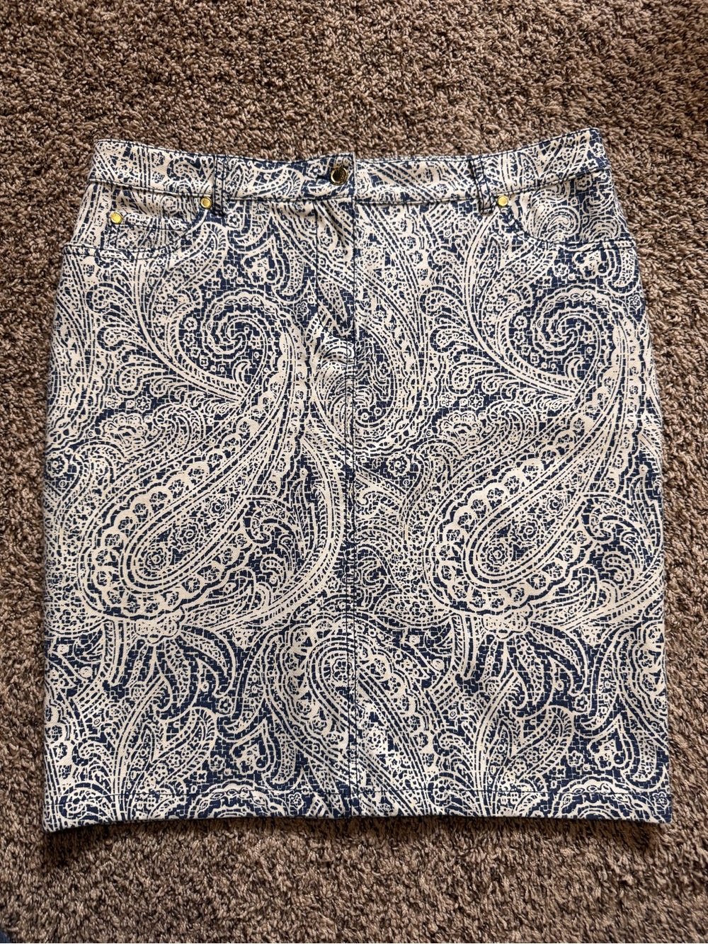 J. McLaughlin Navy and Cream Paisley Pencil Skirt Cotton Blend